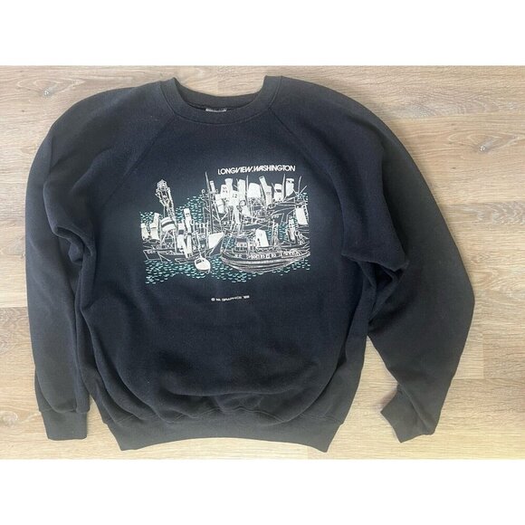 Vtg 80s Hanes Longview, WA Washington Black Raglan Sweatshirt XL Puff Letters - Picture 1 of 8